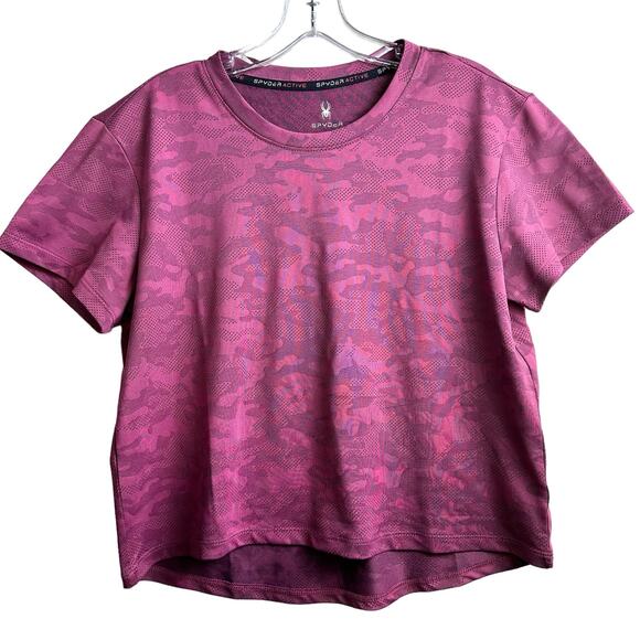 Spyder Active Cropped Shirt Womens M Purple Camo Athletic Casual Loose Fit Tee - Picture 1 of 5